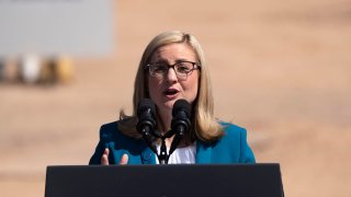 Phoenix Mayor Kate Gallego speaks prior to President Joe Biden’s remarks at Intel Ocotillo Campus on March 20, 2024 in Chandler, Arizona.