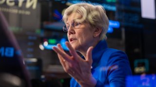 Senator Elizabeth Warren, (D-MA), speaks on CNBC’s “Squawk on the Street” on the floor of the New York Stock Exchange (NYSE) on Wall Street on April 17, 2025 in New York City.