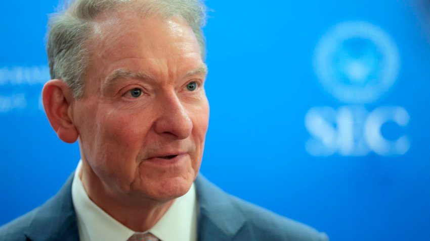 Securities and Exchange Commission Chairman Paul Atkins speaks to reporters after giving opening remarks at a roundtable with the SEC’s Crypto Task Force at the Securities and Exchange Commission headquarters on April 25, 2025 in Washington, DC.