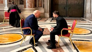 In this photo provided by the Ukrainian Presidential Press Office, Ukraine’s President Volodymyr Zelenskyy, right, and President Donald Trump, talk as they attend the funeral of Pope Francis in Vatican, Saturday, April 26, 2025.