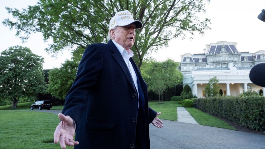 U.S. President Donald Trump answers reporters’ questions after exiting Marine One at the White House in Washington, D.C., U.S., April 27, 2025.