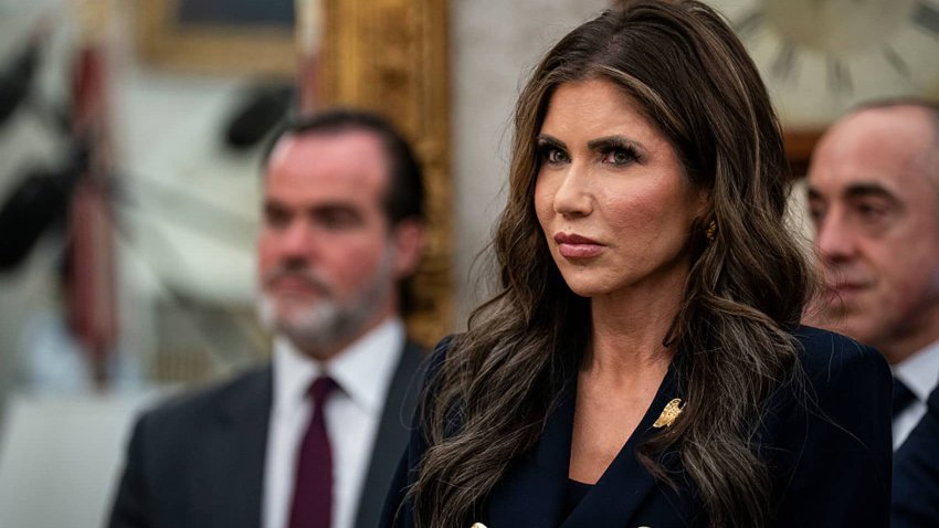 Kristi Noem, Homeland Security Secretary, during a meeting with US President Donald Trump and Nayib Bukele, El Salvador’s president, in the Oval Office of the White House in Washington, DC, US, on Monday, April 14, 2025.