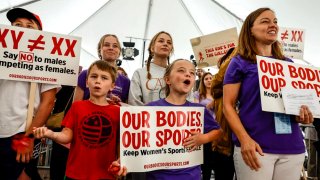 Demonstrators at the "Our Bodies, Our Sports" rally in 2022