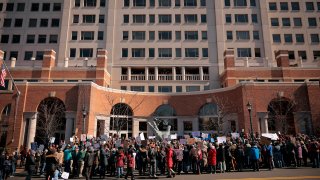 Hundreds of demonstrators gather to protest against Department of Government Efficiency (DOGE) cuts outside the headquarters of the National Oceanic and Atmospheric Administration on March 03, 2025 in Silver Spring, Maryland. Last week the Trump administration fired about 800 probationary staff at NOAA, one of the world’s premier centers for climate science. The layoffs are on top of about 500 employees who left the agency after taking the so-called deferred resignation offer. (Photo by Chip Somodevilla/Getty Images)