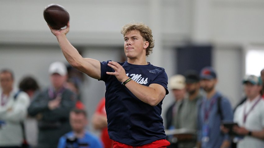 OXFORD, MISSISSIPPI – MARCH 28: Jaxson Dart #2 of the Mississippi Rebels participates in a drill during Ole Miss Pro Day at the Manning Athletic Center on March 28, 2025 in Oxford, Mississippi.