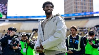 Shedeur Sanders looks on during a ceremony to retire his jersey before the Black and Gold Spring Game at Folsom Field on April 19, 2025 in Boulder, Colorado.