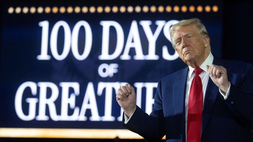 US President Donald Trump arrives to deliver a speech marking his 100th day in office at Macomb County Community College Sports Expo Center in Warren, Michigan, on April 29, 2025. Trump celebrated the first 100 days of what is already one of the most radical and far-reaching presidencies in US history, but polls show Americans becoming disenchanted with the economic and political tumult. (Photo by Jim WATSON / AFP) (Photo by JIM WATSON/AFP via Getty Images)