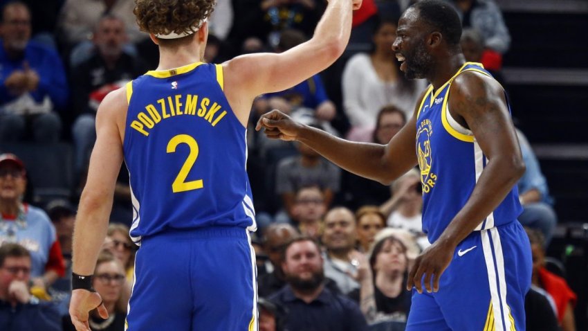 Apr 1, 2025; Memphis, Tennessee, USA; Golden State Warriors guard Brandin Podziemski (2) and forward Draymond Green (23) react during the first quarter against the Memphis Grizzlies at FedExForum. Mandatory Credit: Petre Thomas-Imagn Images