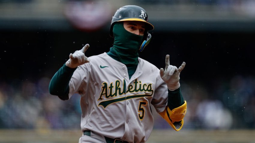 Apr 4, 2025; Denver, Colorado, USA; Athletics shortstop Jacob Wilson (5) rounds the bases on a solo home run in the fourth inning against the Colorado Rockies at Coors Field. Mandatory Credit: Isaiah J. Downing-Imagn Images