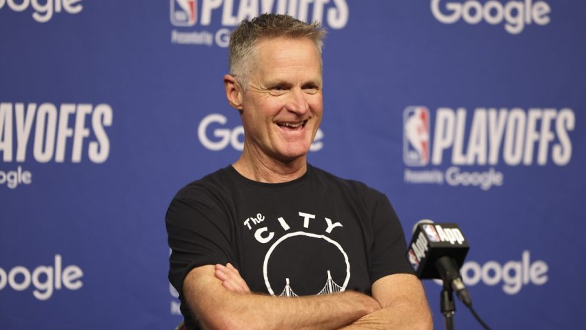 Apr 20, 2025; Houston, Texas, USA; Golden State Warriors head coach Steve Kerr talks with the media before the game against the Houston Rockets at Toyota Center. Mandatory Credit: Troy Taormina-Imagn Images