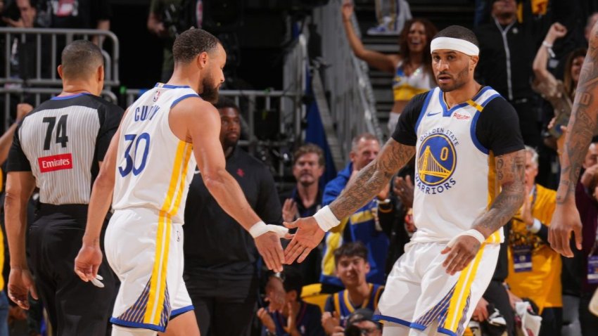 SAN FRANCISCO, CA – APRIL 26:   Stephen Curry #30 and Gary Payton II #0 of the Golden State Warriors high five during the game against the Houston Rockets during Round 1 Game 3 of the 2025 NBA Playoffs   on April 26, 2025 at Chase Center in San Francisco, California. NOTE TO USER: User expressly acknowledges and agrees that, by downloading and or using this photograph, user is consenting to the terms and conditions of Getty Images License Agreement. Mandatory Copyright Notice: Copyright 2025 NBAE (Photo by Jesse D. Garrabrant/NBAE via Getty Images)