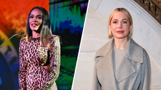 Host Michelle Williams speaks onstage during the 2023 Beloved Community Awards at Hyatt Regency Atlanta (left) and Michelle Williams attends the Ralph Lauren Collection Fall 2025 (right)