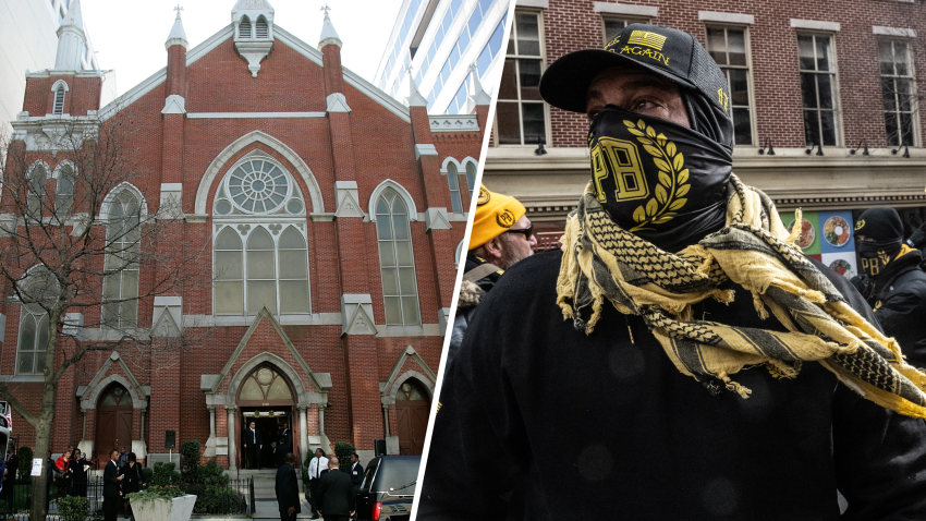 Metropolitan African Methodist Episcopal Church, left, and a Proud Boys supporter displaying the far-right group's trademark logo, right.