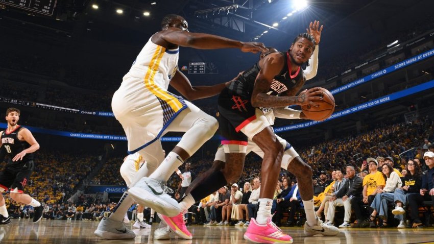 SAN FRANCISCO, CA – APRIL 26: Jalen Green #4 of the Houston Rockets handles the ball during the game against the Golden State Warriors during Round One Game Three of the 2025 NBA Playoffs on April 26, 2025 at Chase Center in San Francisco, California. NOTE TO USER: User expressly acknowledges and agrees that, by downloading and or using this photograph, user is consenting to the terms and conditions of Getty Images License Agreement. Mandatory Copyright Notice: Copyright 2025 NBAE (Photo by Noah Graham/NBAE via Getty Images)