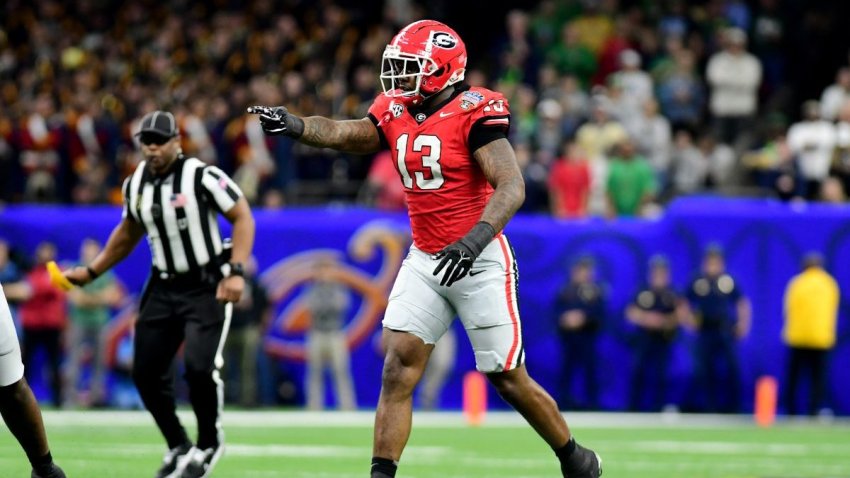 NEW ORLEANS, LA – JANUARY 2: Mykel Williams #13 of the Georgia Bulldogs changes the pre-snap alignment during a game between Notre Dame and University of Georgia at Caesar’s Superdome on January 2, 2025 in New Orleans, Louisiana. (Photo by Perry McIntyre/ISI Photos/Getty Images)