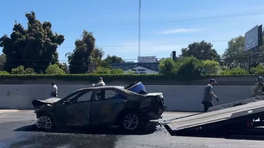 Aftermath of a car fire on Highway 101 in East Palo Alto. (May 26, 2025)
