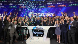 Zscaler rings the opening bell at the Nasdaq exchange in New York, March 16, 2018.