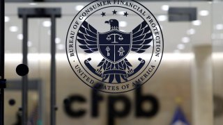 The entrance to the Consumer Financial Protection Bureau (CFPB) headquarters is seen during a protest on Feb. 10, 2025 in Washington, DC.
