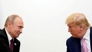 FILE PHOTO: U.S. President Donald Trump and Russian President Vladimir Putin hold a bilateral meeting at the G20 leaders summit in Osaka, Japan, on June 28, 2019.