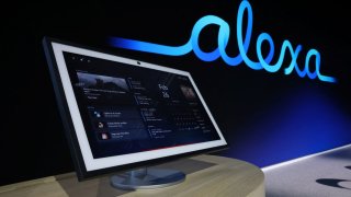 An Amazon device is displayed at an Amazon Devices launch event in New York City on Feb. 26, 2025.