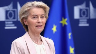 European Commission President Ursula von der Leyen speaks after a meeting with representatives of European car industry at the EU Commission headquarters in Brussels, Belgium March 3, 2025.