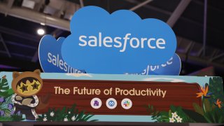 Salesforce Inc. signage during the Singapore FinTech Festival in Singapore, on Thursday, Nov. 3, 2022.