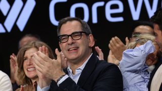 Michael Intrator, Founder & CEO of CoreWeave, Inc., Nvidia-backed cloud services provider, gestures during the company’s IPO at the Nasdaq Market, in New York City, U.S., March 28, 2025.