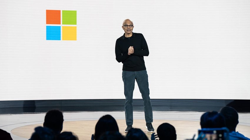 Microsoft CEO Satya Nadella speaks during an event celebrating the 50th Anniversary of Microsoft in Redmond, Washington, on April 4, 2025.