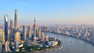 Shanghai urban skyline and the bund, China.