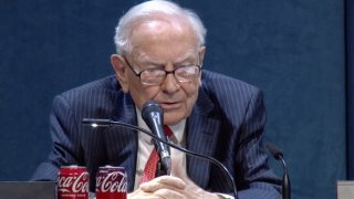 Warren Buffett speaks during the Berkshire Hathaway Annual Shareholders Meeting in Omaha, Nebraska on May 3, 2025.