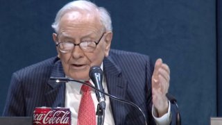 Warren Buffett speaks during the Berkshire Hathaway Annual Shareholders Meeting in Omaha, Nebraska on May 3, 2025.