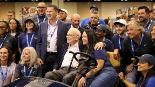 Warren Buffett does a walkthrough of the Berkshire Hathaway Annual Shareholders Meeting in Omaha, Nebraska on May 3, 2025.