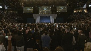 The crowd reacts during the Berkshire Hathaway Annual Shareholders Meeting in Omaha, Nebraska on May 3, 2025.