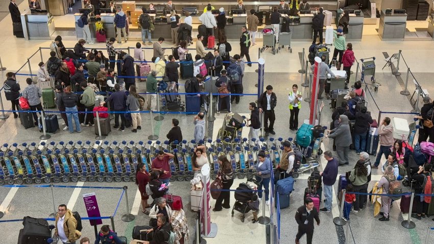 People line up at departures gates in Los Angeles International Airport.