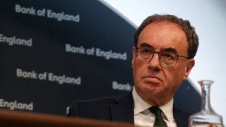Bank of England Governor Andrew Bailey attends the central bank’s Monetary Policy Report press conference at the Bank of England, in the City of London, on May 8, 2025.