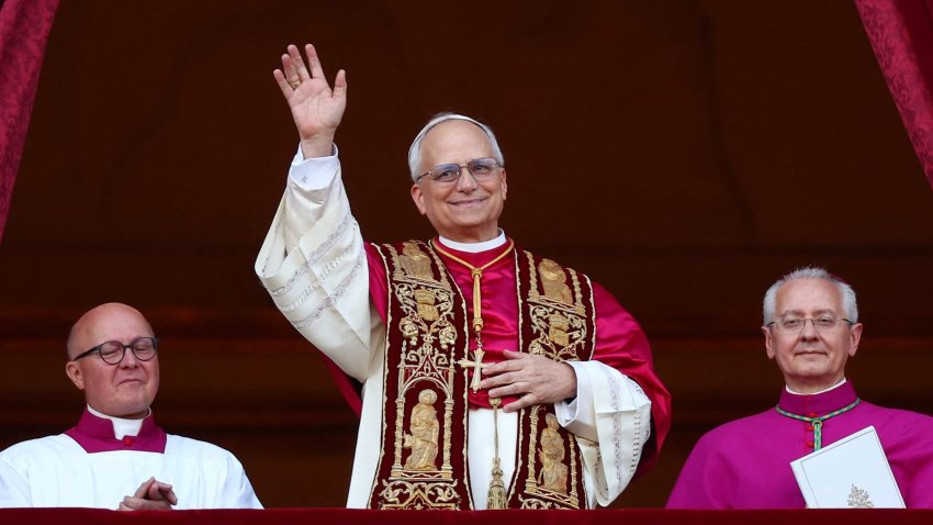 Newly elected Pope Leo XIV, Cardinal Robert Prevost of the United States appears on the balcony of St. Peter's Basilica, at the Vatican, May 8, 2025.