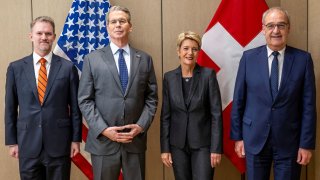 U.S Trade Representative Jamieson Greer, U.S Secretary of the Treasury Scott Bessent, Switzerland’s President Karin Keller-Sutter, Swiss Federal Councillor Guy Parmelin pose during a bilateral meeting between Switzerland and the United States, in Geneva, Switzerland, May 9, 2025.