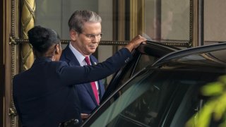 US Secretary of Treasury Scott Bessent leaves his hotel to a meeting with China’s officials on tariffs in Geneva, on May 10, 2025.