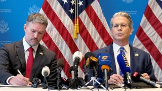 U.S. Secretary of the Treasury Scott Bessent and U.S. Trade Representative Jamieson Greer attend a news conference after trade talks with China in Geneva, Switzerland, May 12, 2025.
