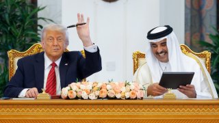 U.S. President Donald Trump and Qatar’s Emir Tamim bin Hamad Al Thani meet in Doha, Qatar, on May 14, 2025.