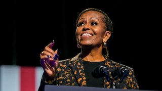 Former first lady Michelle Obama speaks ahead of the arrival of Democratic presidential nominee, U.S. Vice President Kamala Harris during a campaign rally at the Wings Event Center on October 26, 2024 in Kalamazoo, Michigan.