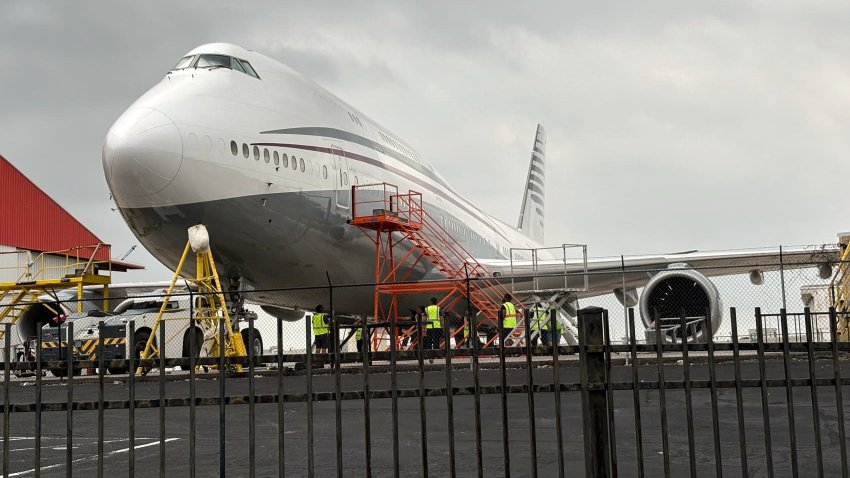 FILE – A Boeing 747 with the color scheme of planes used by the Qatari royal family is seen Friday, May 2, 2025 at San Antonio International Airport in San Antonio, Texas.