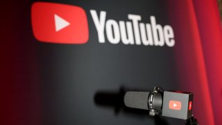 A Youtube podcast microphone is seen at the Variety Podcasting Brunch Presented By YouTube at Austin Proper Hotel in Austin, Texas, on March 8, 2025.