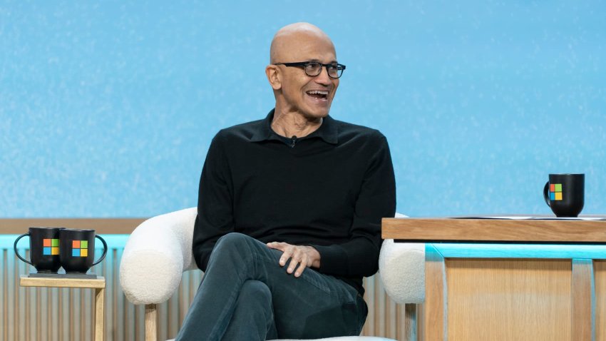 Microsoft CEO Satya Nadella speaks at an event commemorating the 50th anniversary of the company at Microsoft headquarters in Redmond, Washington, on , April 4, 2025.