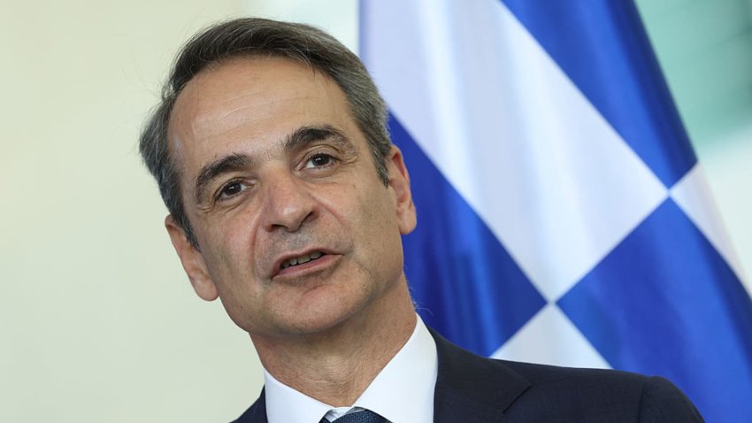 Greek Prime Minister Kyriakos Mitsotakis and German Chancellor Friedrich Merz (not pictured) speak to the media following talks at the Chancellery on May 13, 2025 in Berlin, Germany.