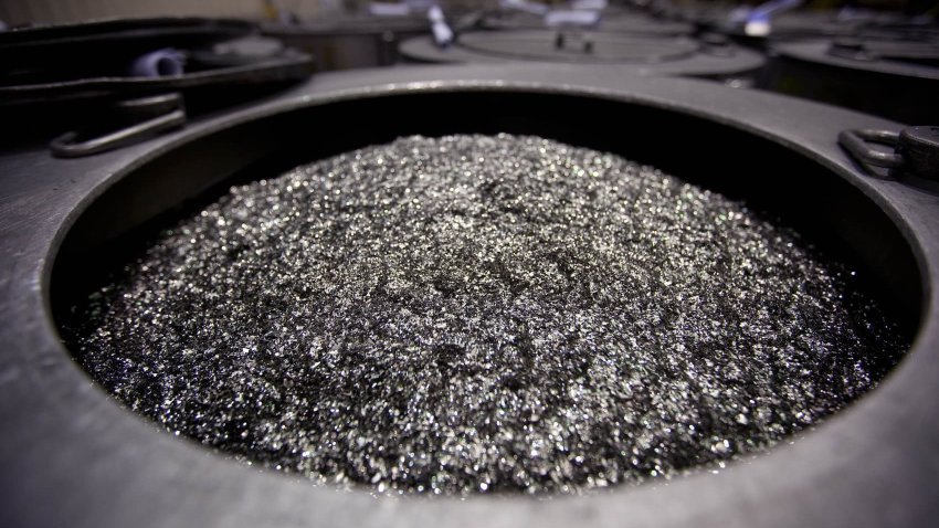 Annealed neodymium iron boron magnets sit in a barrel prior to being crushed into powder at Neo Material Technologies Inc.’s Magnequench Tianjin Co. factory in Tianjin, China.
