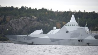 The Swedish corvette HMS Visby on the Mysingen Bay on October 21, 2014.