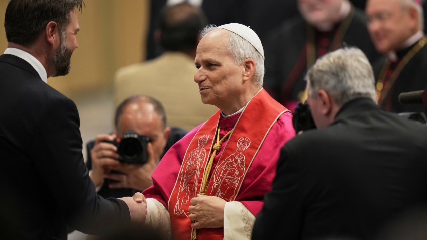 Pope Leo XIV’s meets Vice President JD Vance after the formal inauguration of his pontificate in St. Peter’s Square, at the Vatican, Sunday, May 18, 2025.
