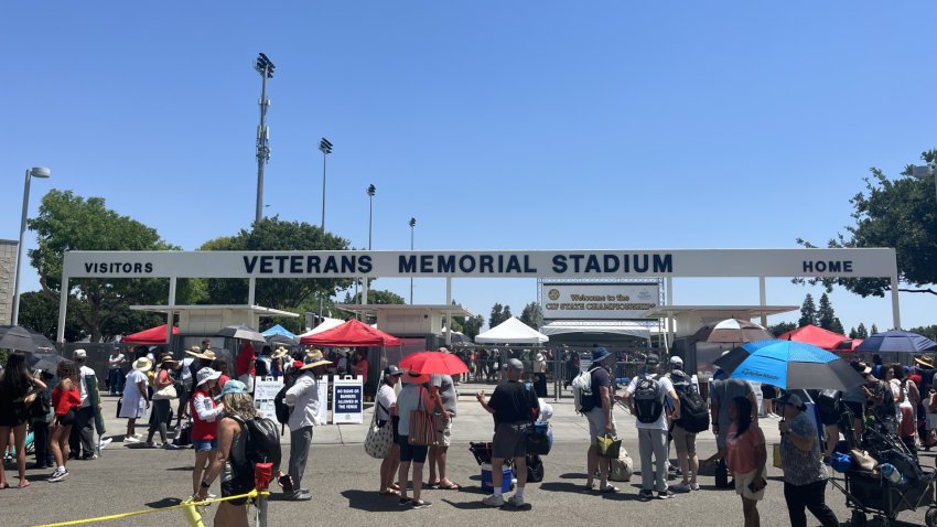outdoor track meet in California with many people holding umbrellas and tents waiting to enter the stadium