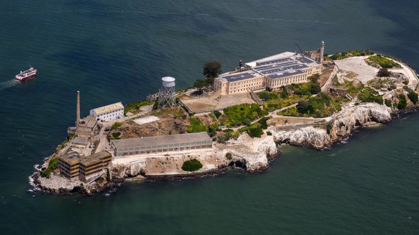 An aerial view shows Alcatraz island